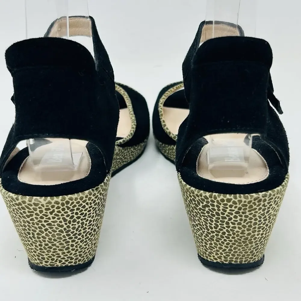Beautifeel Sandals Black Size 38 Suede Ankle Strap Giraffe Print Wedge Heel
